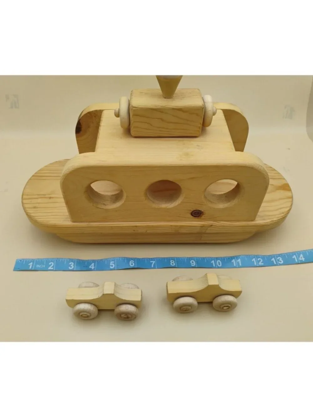Handcrafted Wooden Ferry Boat With Two Cars – Vintage Pine Wood Toy 14